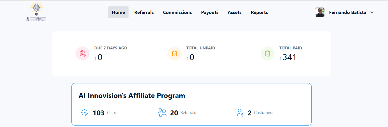 AI Innovision affiliate dashboard showing clicks referrals customers and paid commissions