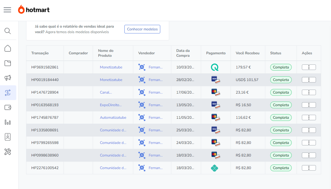 Hotmart completed affiliate sales dashboard with multiple products and currencies